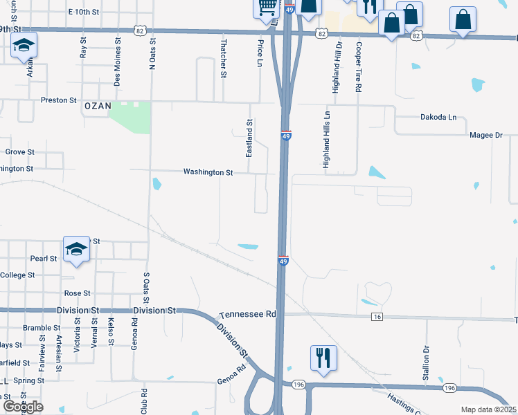 map of restaurants, bars, coffee shops, grocery stores, and more near 45 Smith Drive in Texarkana
