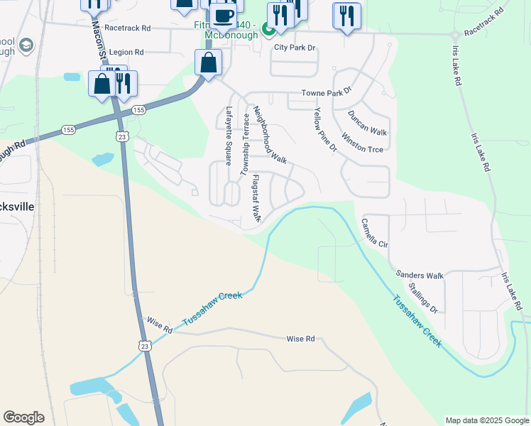 map of restaurants, bars, coffee shops, grocery stores, and more near 5215 Tussahaw Crossing in McDonough