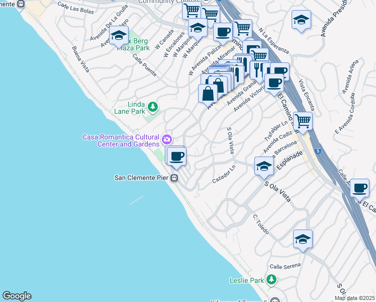 map of restaurants, bars, coffee shops, grocery stores, and more near 501 Avenida Del Mar in San Clemente