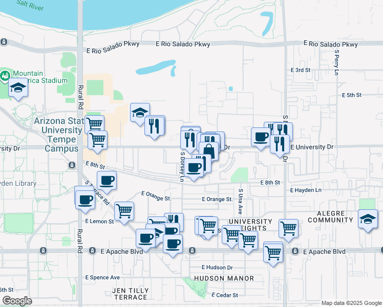map of restaurants, bars, coffee shops, grocery stores, and more near 1301 East University Drive in Tempe
