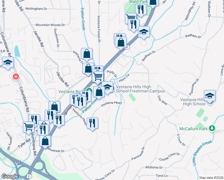 map of restaurants, bars, coffee shops, grocery stores, and more near in Hoover
