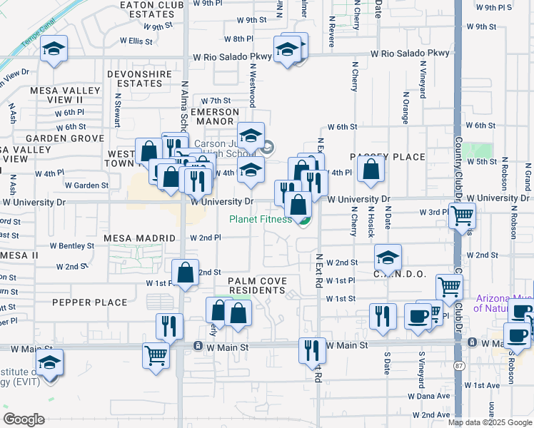 map of restaurants, bars, coffee shops, grocery stores, and more near 921 West University Drive in Mesa
