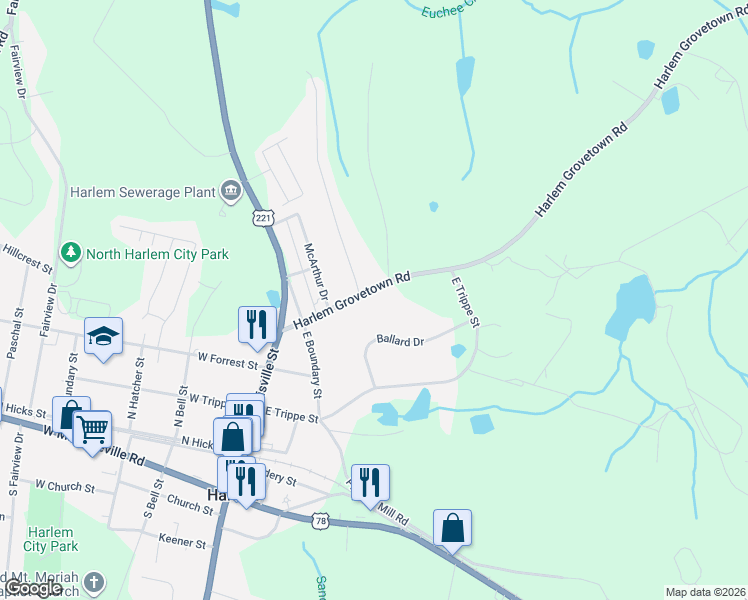 map of restaurants, bars, coffee shops, grocery stores, and more near 399 Harlem Grovetown Road in Harlem
