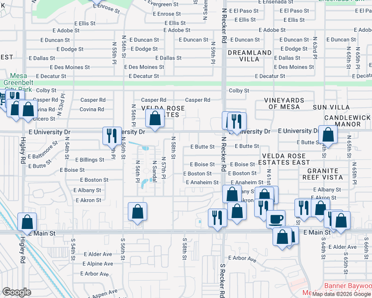 map of restaurants, bars, coffee shops, grocery stores, and more near 5833 East Butte Street in Mesa