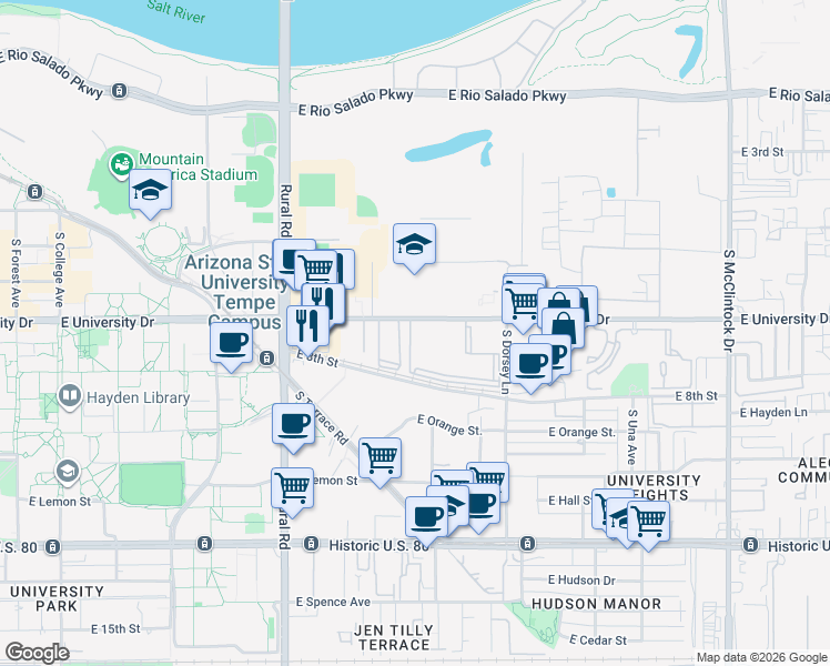 map of restaurants, bars, coffee shops, grocery stores, and more near 1255 East University Drive in Tempe