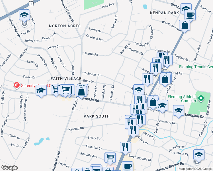 map of restaurants, bars, coffee shops, grocery stores, and more near 2801 Fleming Drive in Augusta