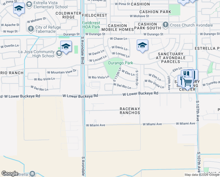 map of restaurants, bars, coffee shops, grocery stores, and more near 11276 West Magnolia Street in Avondale