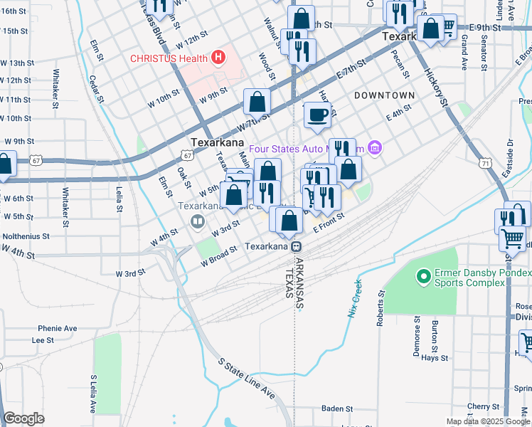 map of restaurants, bars, coffee shops, grocery stores, and more near 219 Main Street in Texarkana