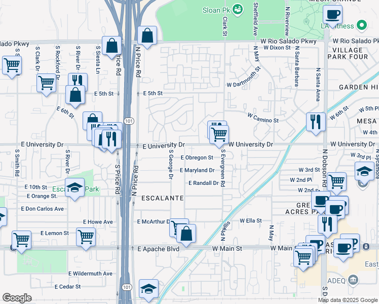 map of restaurants, bars, coffee shops, grocery stores, and more near 2416 East Laird Street in Tempe