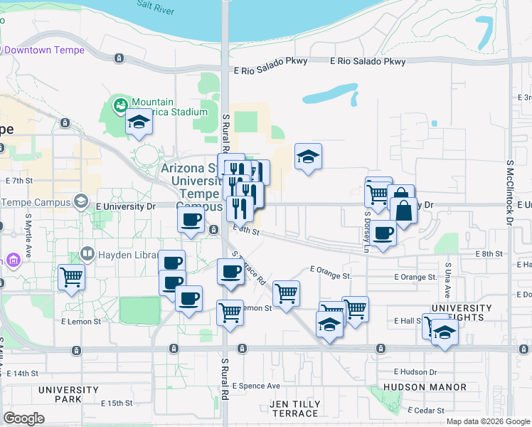 map of restaurants, bars, coffee shops, grocery stores, and more near 959 East University Drive in Tempe