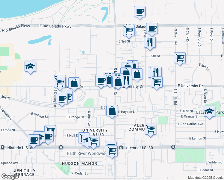 map of restaurants, bars, coffee shops, grocery stores, and more near 1795 East University Drive in Tempe