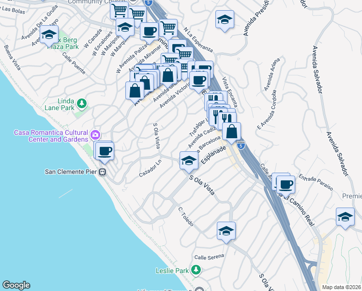 map of restaurants, bars, coffee shops, grocery stores, and more near 147 Trafalgar Lane in San Clemente