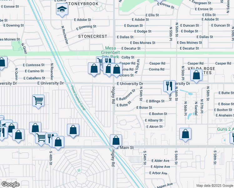 map of restaurants, bars, coffee shops, grocery stores, and more near 315 North Higley Road in Mesa