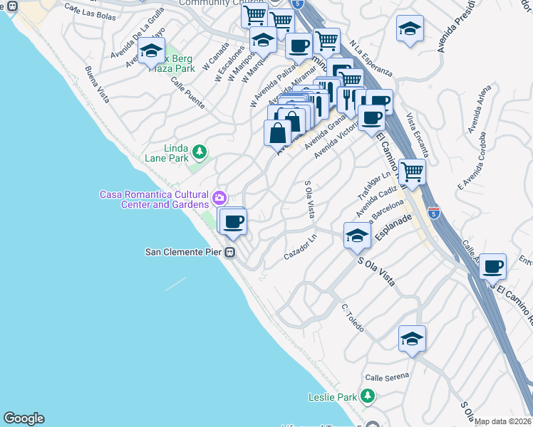 map of restaurants, bars, coffee shops, grocery stores, and more near 412 Avenida Santa Barbara in San Clemente