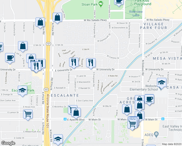 map of restaurants, bars, coffee shops, grocery stores, and more near 2535 E University Dr in Tempe