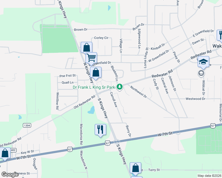 map of restaurants, bars, coffee shops, grocery stores, and more near 108-110 Redwater Boulevard East in Wake Village