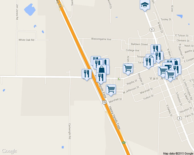 map of restaurants, bars, coffee shops, grocery stores, and more near 831 Farm to Market 121 in Van Alstyne