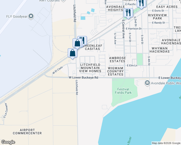 map of restaurants, bars, coffee shops, grocery stores, and more near 522 West Del Rio Lane in Avondale
