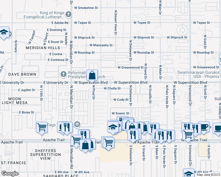 map of restaurants, bars, coffee shops, grocery stores, and more near West Cholla Street in Apache Junction