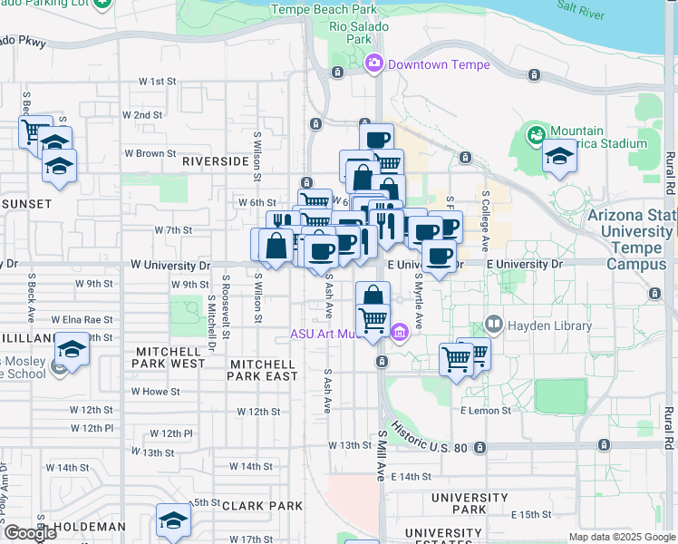 map of restaurants, bars, coffee shops, grocery stores, and more near 115 West University Drive in Tempe