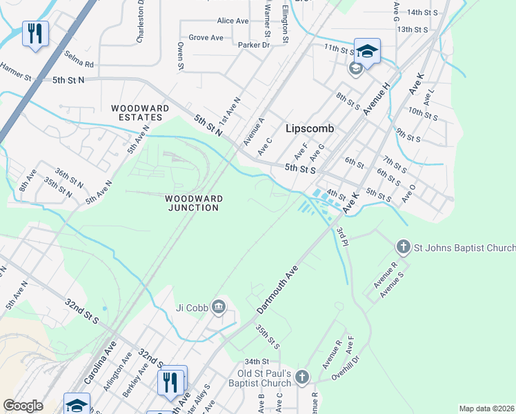 map of restaurants, bars, coffee shops, grocery stores, and more near 2700 Oak Park Drive in Bessemer