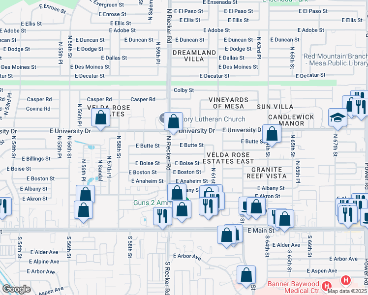 map of restaurants, bars, coffee shops, grocery stores, and more near 6043 East Butte Street in Mesa