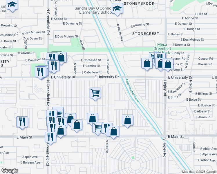 map of restaurants, bars, coffee shops, grocery stores, and more near Mobile Home Park in Mesa