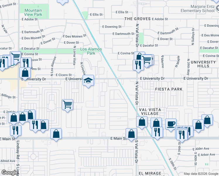 map of restaurants, bars, coffee shops, grocery stores, and more near 120 North Val Vista Drive in Mesa