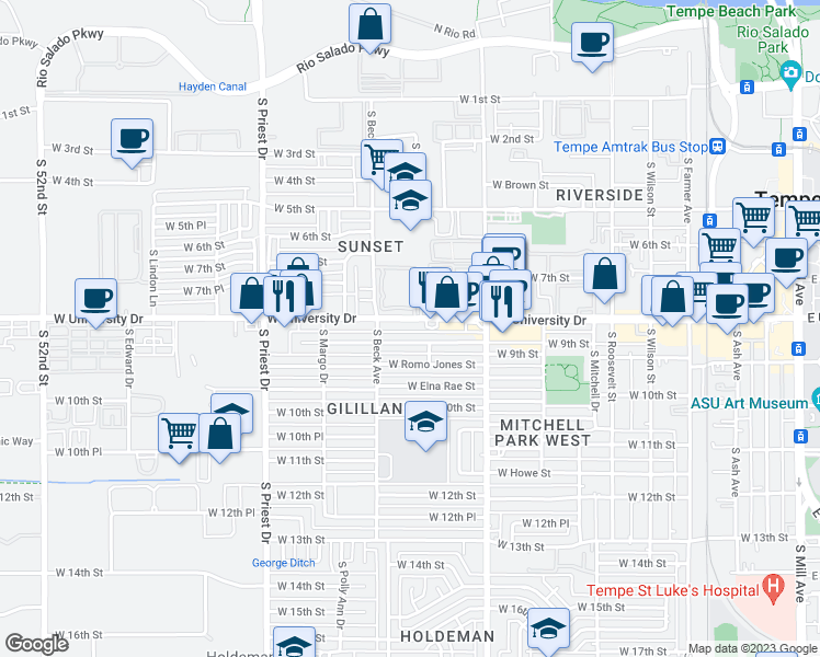 map of restaurants, bars, coffee shops, grocery stores, and more near 1130 West 9th Street in Tempe