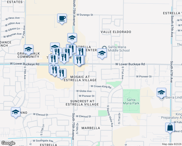 map of restaurants, bars, coffee shops, grocery stores, and more near 7319 West Cordes Road in Phoenix