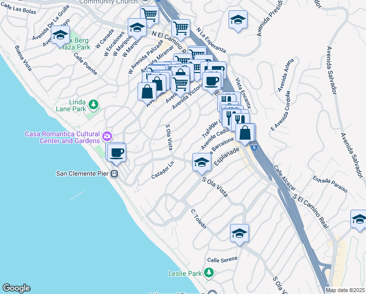 map of restaurants, bars, coffee shops, grocery stores, and more near 251 Avenida Madrid in San Clemente