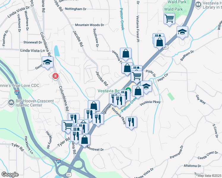 map of restaurants, bars, coffee shops, grocery stores, and more near 2971 Massey Road in Vestavia Hills
