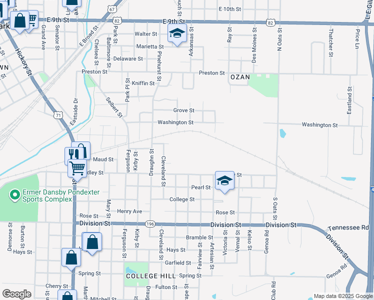 map of restaurants, bars, coffee shops, grocery stores, and more near 2107 Dudley Street in Texarkana