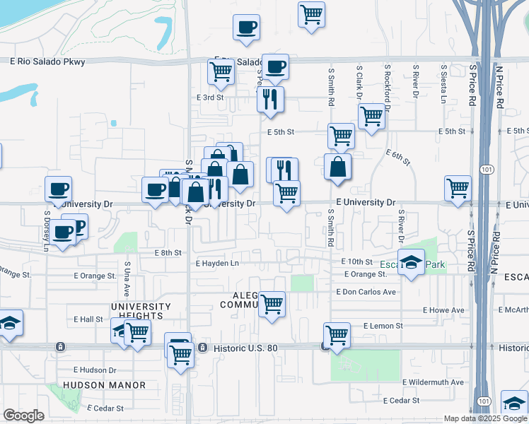 map of restaurants, bars, coffee shops, grocery stores, and more near 1873 East University Drive in Tempe
