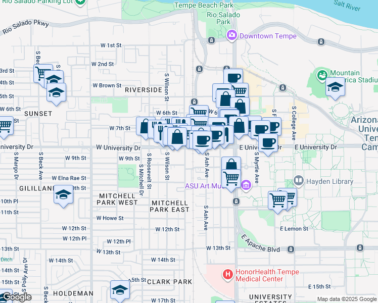 map of restaurants, bars, coffee shops, grocery stores, and more near 805 South Farmer Avenue in Tempe