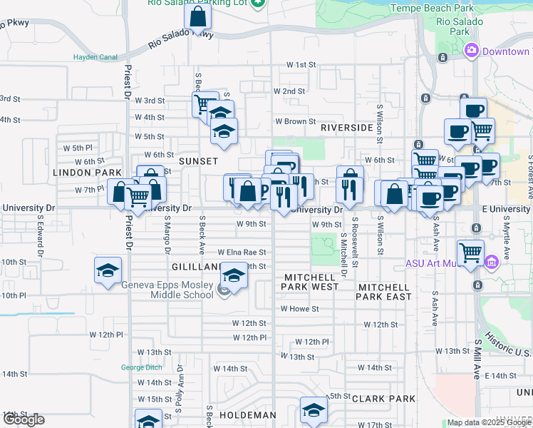 map of restaurants, bars, coffee shops, grocery stores, and more near 802 South Hardy Drive in Tempe