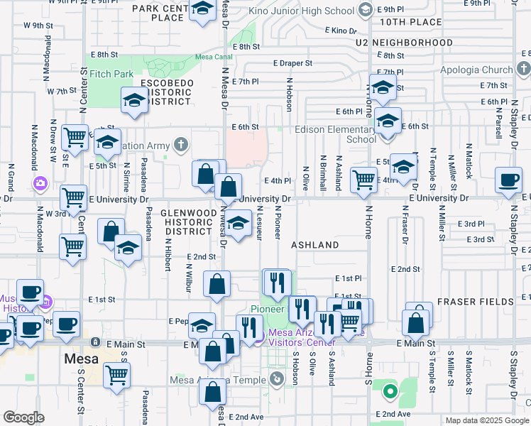 map of restaurants, bars, coffee shops, grocery stores, and more near 339 North Lesueur in Mesa