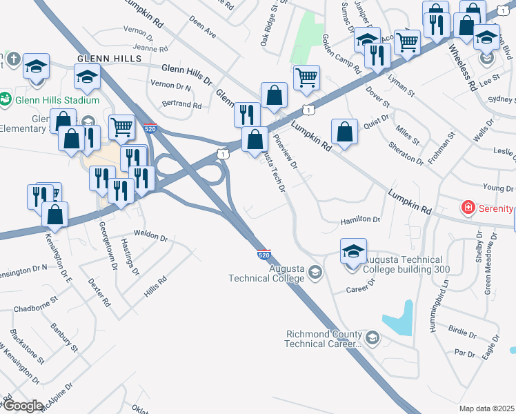 map of restaurants, bars, coffee shops, grocery stores, and more near 2413 Antebellum Drive in Augusta