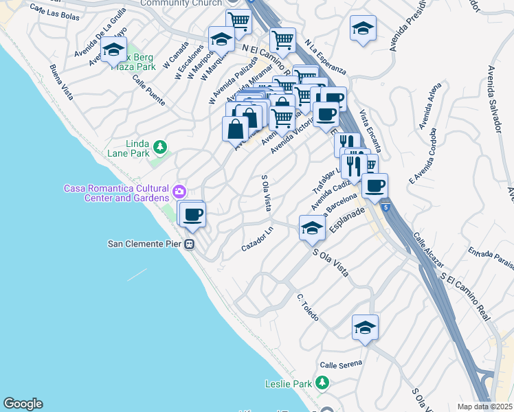 map of restaurants, bars, coffee shops, grocery stores, and more near 307 Avenida Monterey in San Clemente
