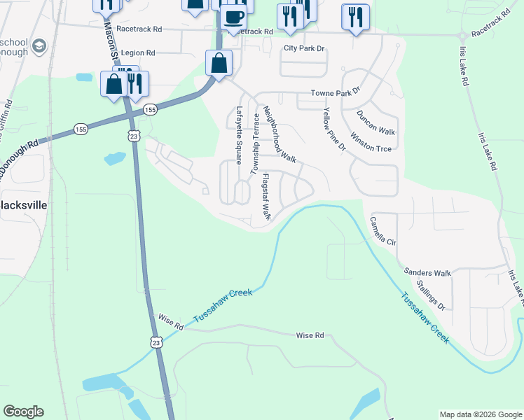 map of restaurants, bars, coffee shops, grocery stores, and more near 6165 Flagstaf Walk in McDonough