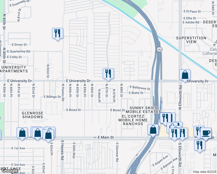 map of restaurants, bars, coffee shops, grocery stores, and more near 8702 East Butte Street in Mesa