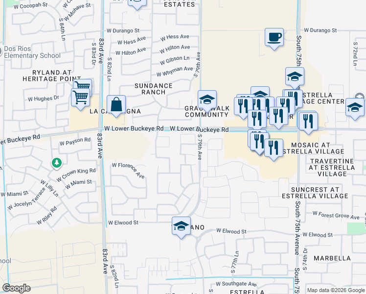 map of restaurants, bars, coffee shops, grocery stores, and more near 7929 West Winslow Avenue in Phoenix