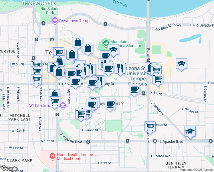 map of restaurants, bars, coffee shops, grocery stores, and more near 501 East University Drive in Tempe