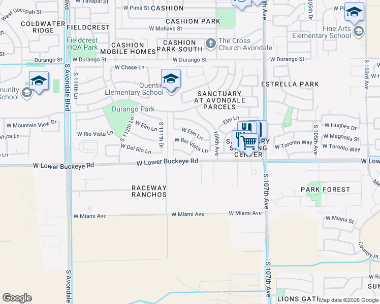 map of restaurants, bars, coffee shops, grocery stores, and more near 10982 West Del Rio Lane in Avondale