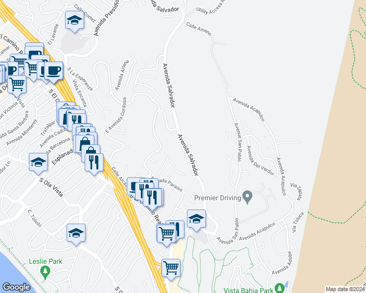 map of restaurants, bars, coffee shops, grocery stores, and more near 1558 Avenida Salvador in San Clemente