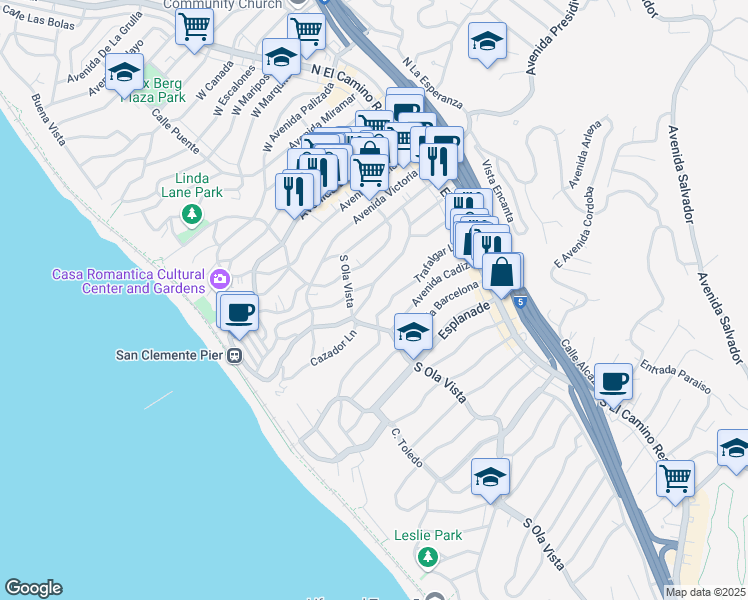 map of restaurants, bars, coffee shops, grocery stores, and more near 251 Avenida Madrid in San Clemente