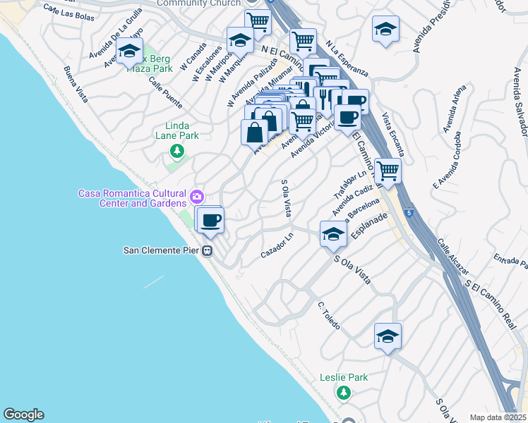 map of restaurants, bars, coffee shops, grocery stores, and more near 307 Avenida Victoria in San Clemente