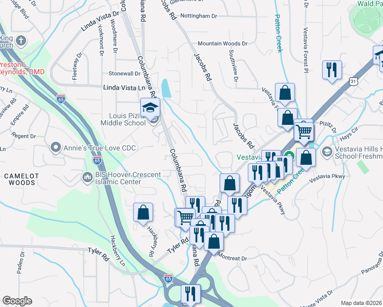 map of restaurants, bars, coffee shops, grocery stores, and more near 1709 Carovel Circle in Vestavia Hills