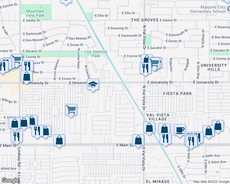 map of restaurants, bars, coffee shops, grocery stores, and more near 120 North Val Vista Drive in Mesa