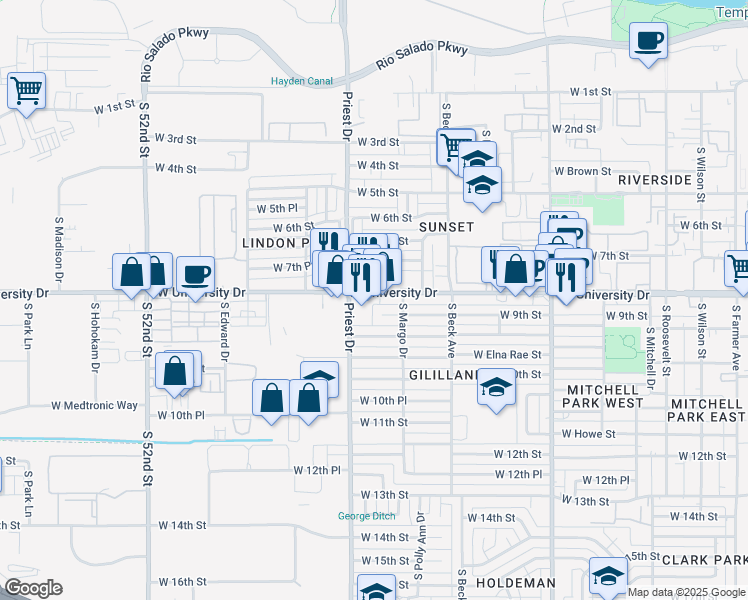 map of restaurants, bars, coffee shops, grocery stores, and more near 1335 West University Drive in Tempe
